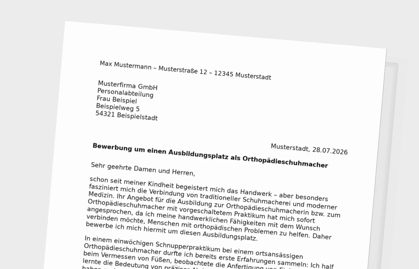 Bewerbung Ausbildung Orthopädieschuhmacher/Orthopädieschuhmacherin (mit Praktikum) – Muster
