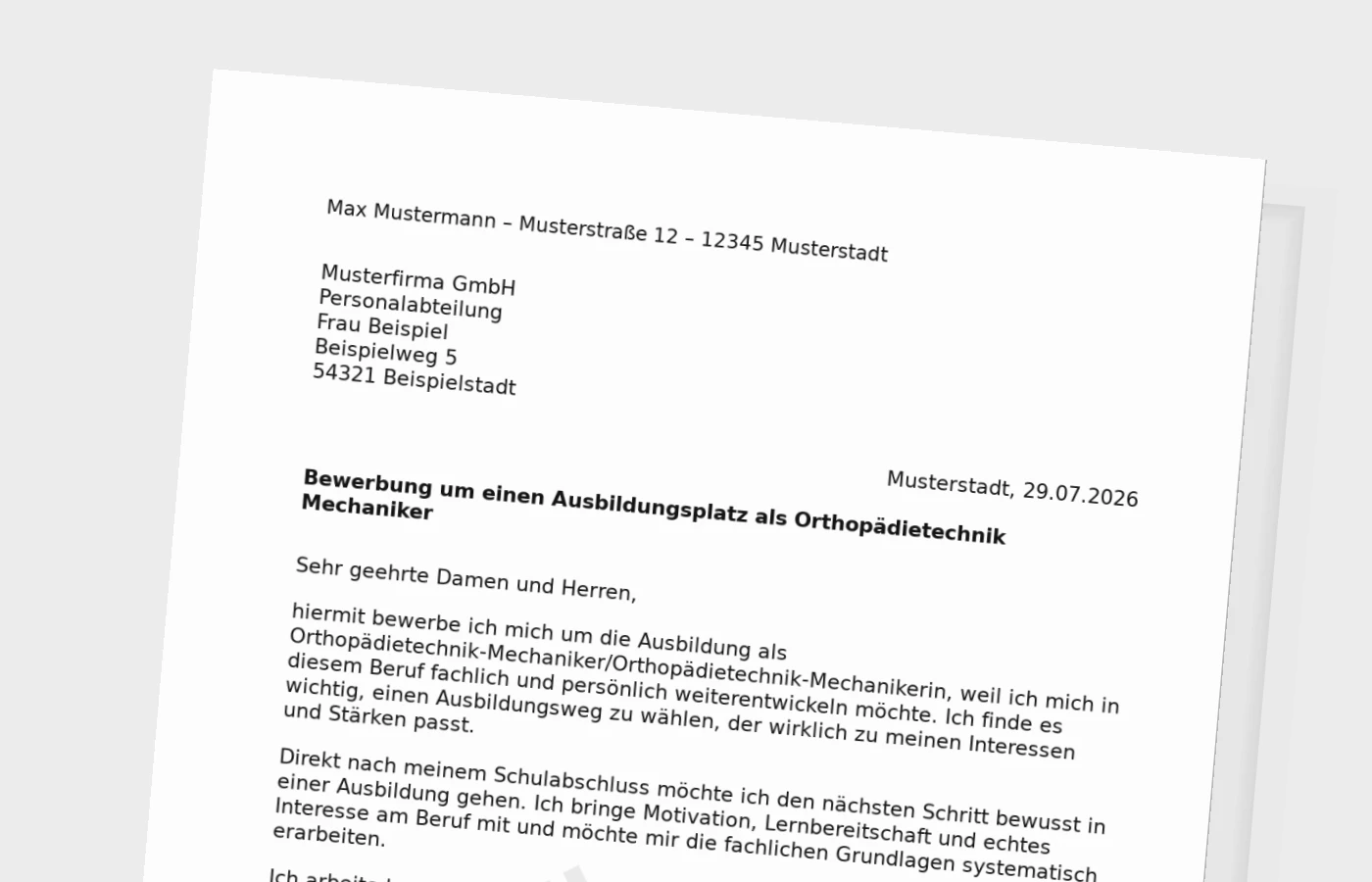 Bewerbung Ausbildung Orthopädietechnik-Mechaniker/Orthopädietechnik-Mechanikerin nach Schulabschluss – Muster