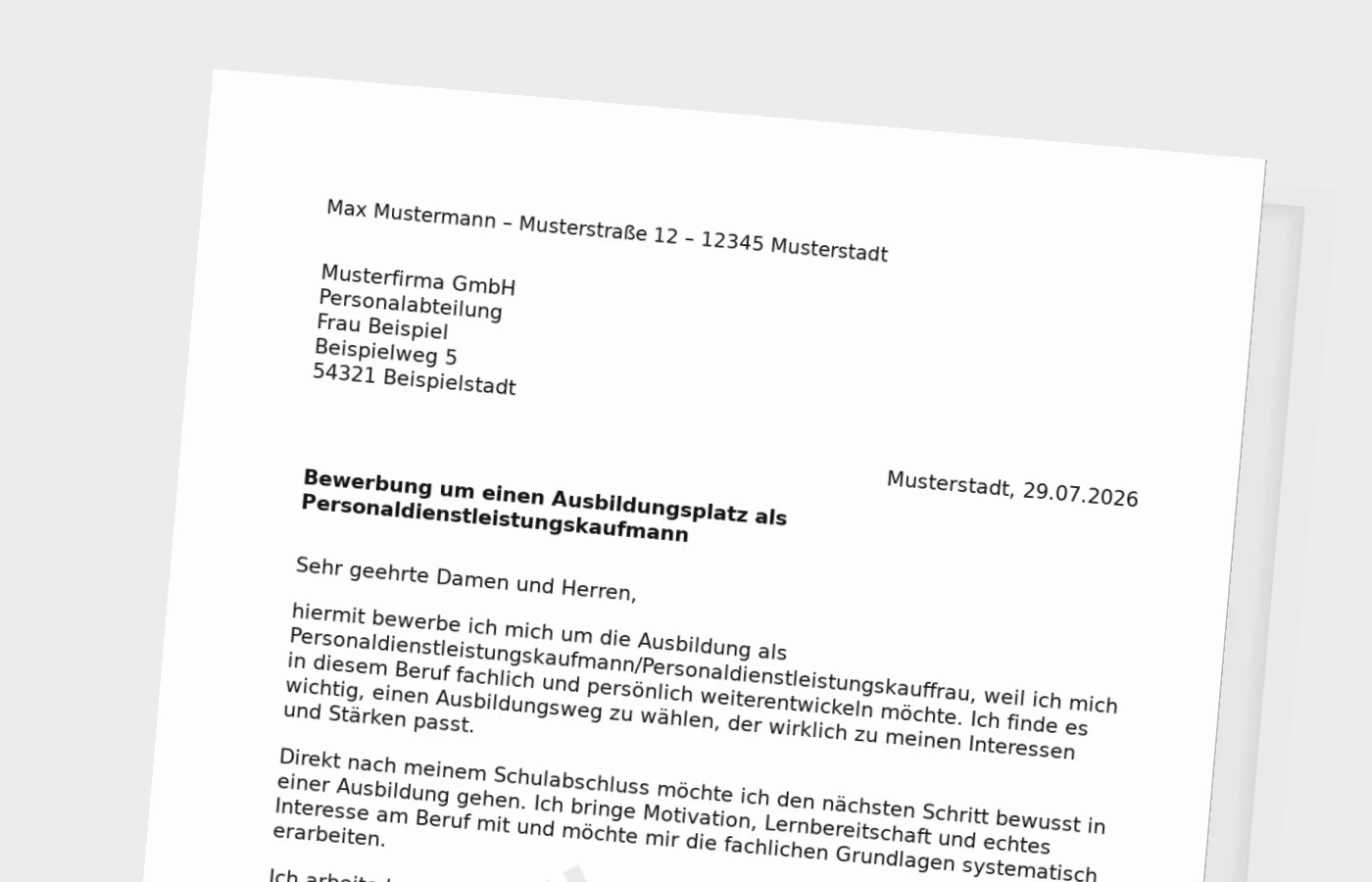 Bewerbung Ausbildung Personaldienstleistungskaufmann/Personaldienstleistungskauffrau nach Schulabschluss – Muster
