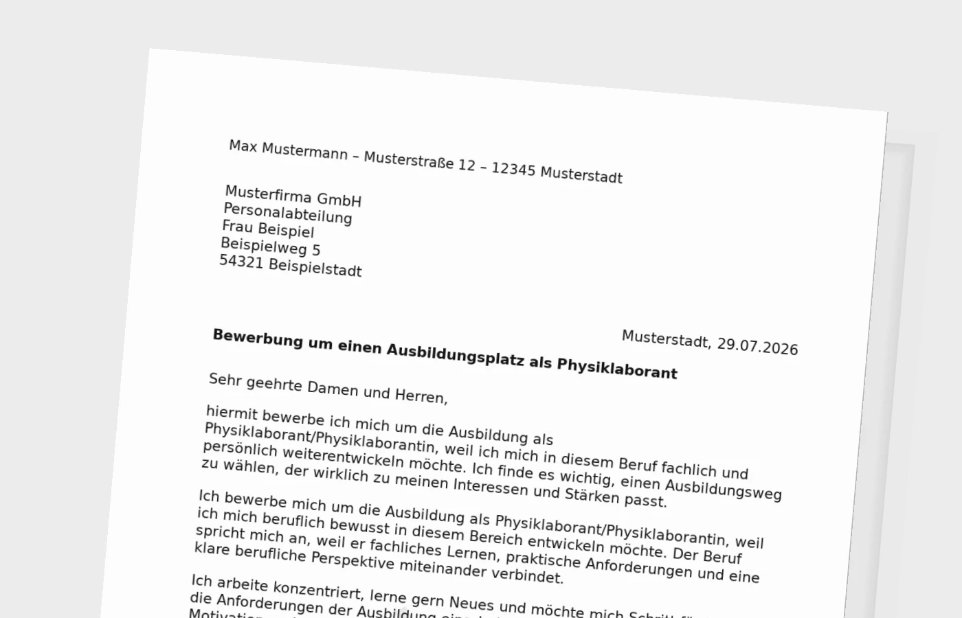 Bewerbung Ausbildung Physiklaborant/Physiklaborantin – Muster