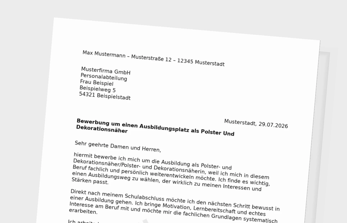 Bewerbung Ausbildung Polster- und Dekorationsnäher/Polster- und Dekorationsnäherin nach Schulabschluss – Muster