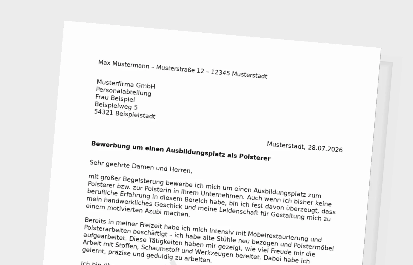 Bewerbung Ausbildung Polsterer/Polsterin ohne Erfahrung – Muster