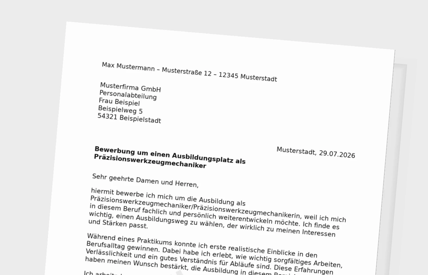 Bewerbung Ausbildung Präzisionswerkzeugmechaniker/Präzisionswerkzeugmechanikerin (mit Praktikum) – Muster