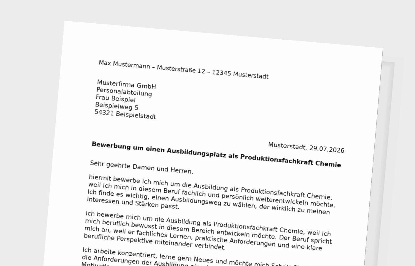Bewerbung Ausbildung Produktionsfachkraft Chemie – Muster