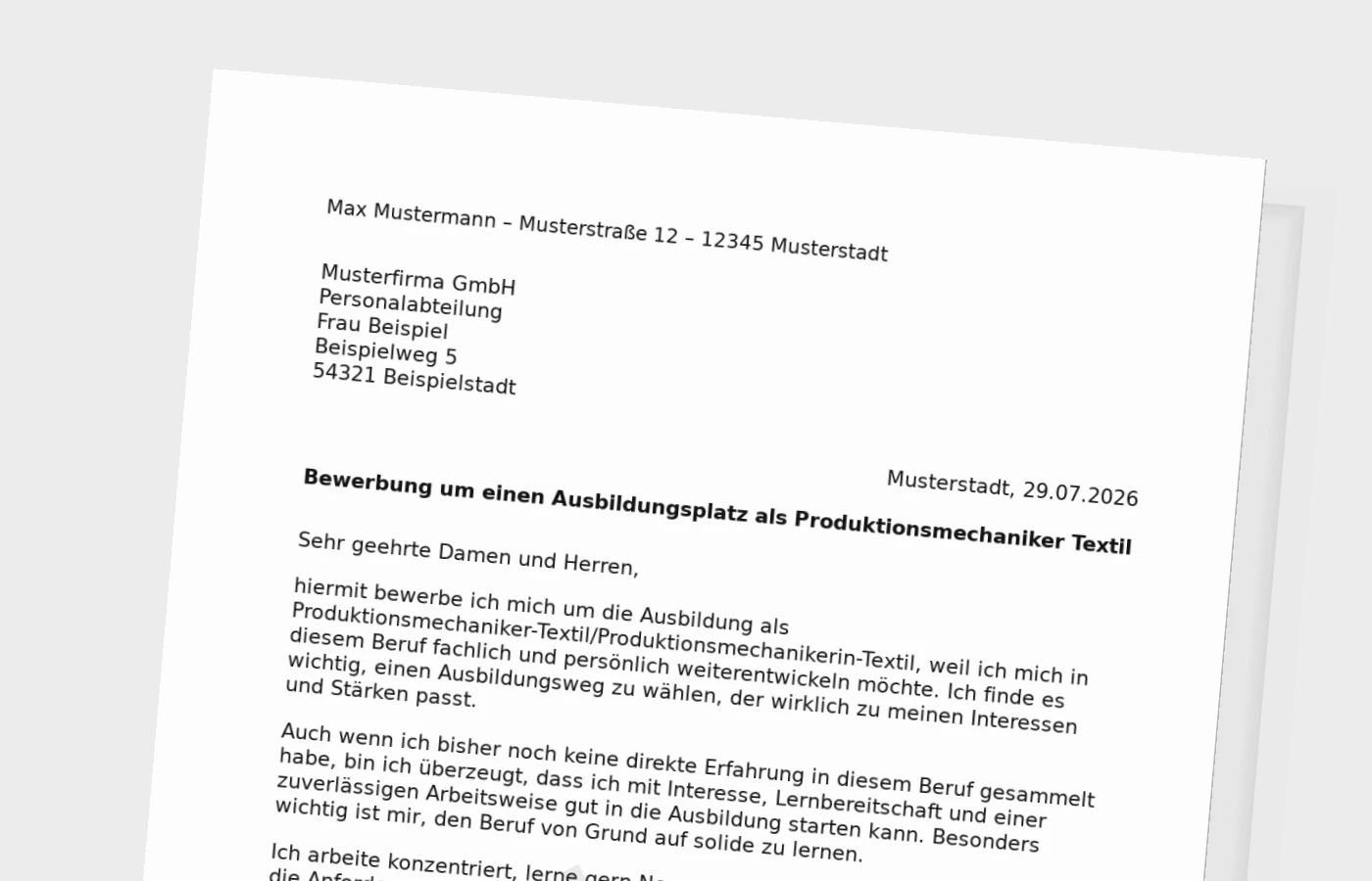 Bewerbung Ausbildung Produktionsmechaniker-Textil/Produktionsmechanikerin-Textil ohne Erfahrung – Muster