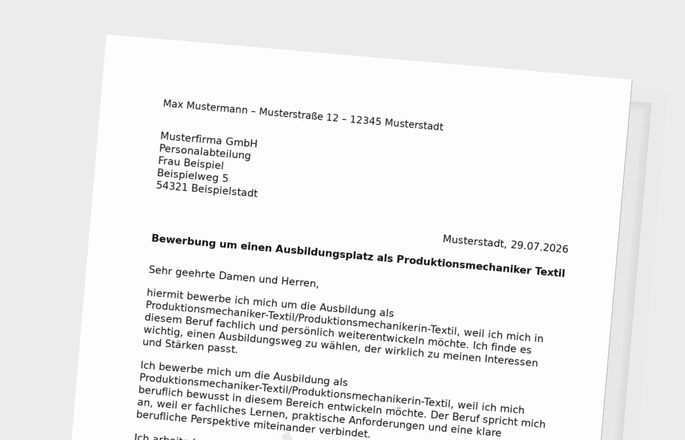 Bewerbung Ausbildung Produktionsmechaniker-Textil/Produktionsmechanikerin-Textil – Muster