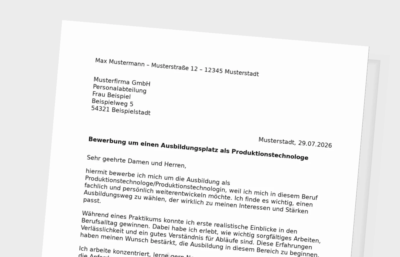 Bewerbung Ausbildung Produktionstechnologe/Produktionstechnologin (mit Praktikum) – Muster