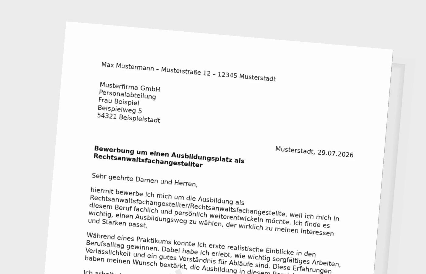 Bewerbung Ausbildung Rechtsanwaltsfachangestellter/Rechtsanwaltsfachangestellte (mit Praktikum) – Muster