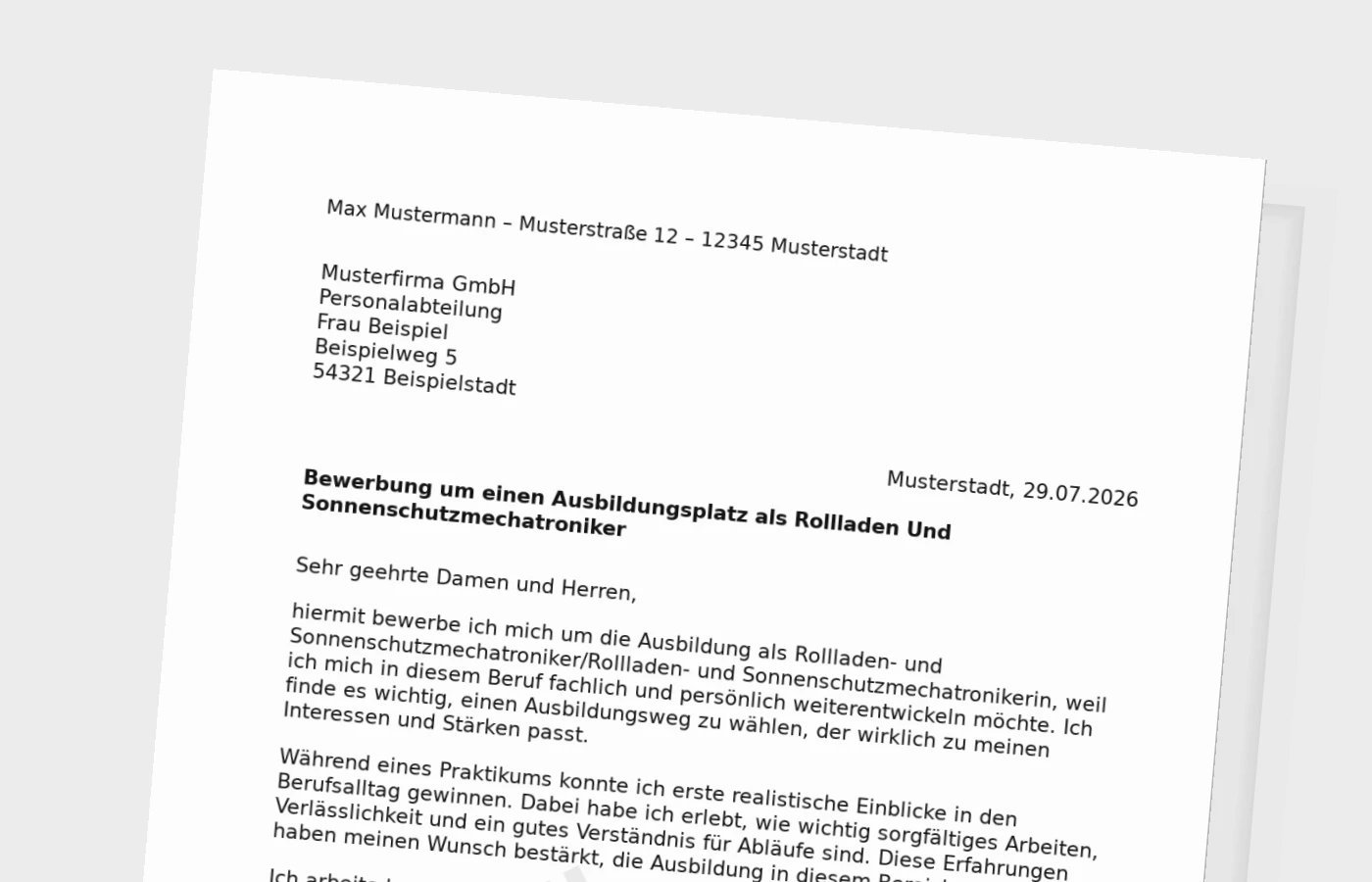 Bewerbung Ausbildung Rollladen- und Sonnenschutzmechatroniker/Rollladen- und Sonnenschutzmechatronikerin (mit Praktikum) – Muster