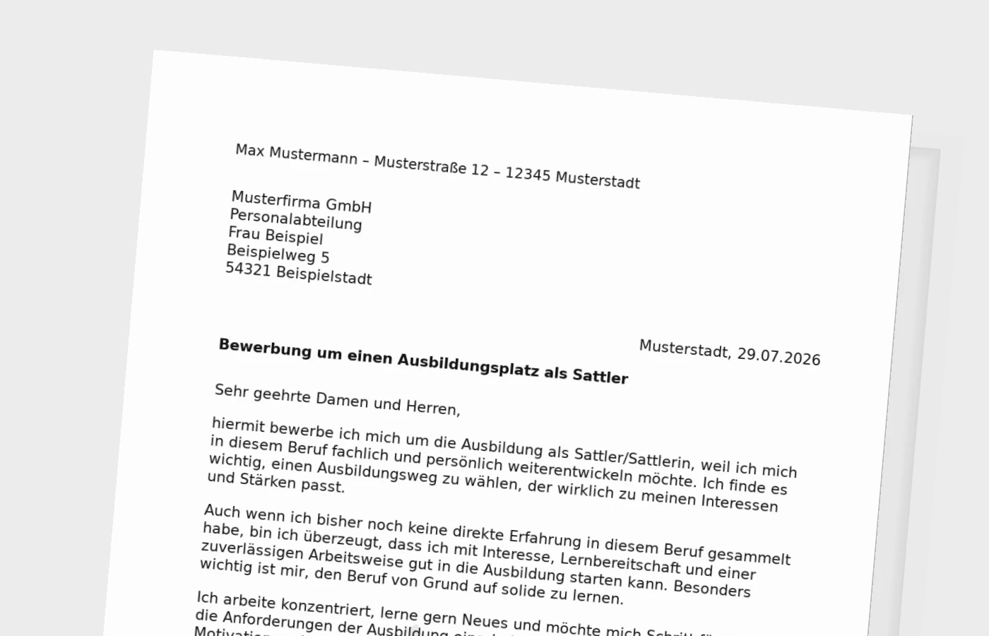 Bewerbung Ausbildung Sattler/Sattlerin ohne Erfahrung – Muster