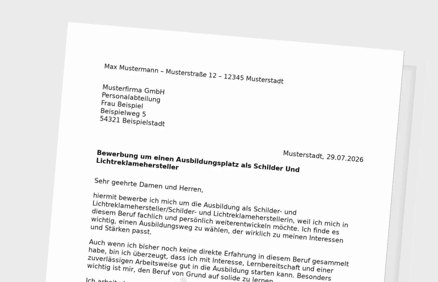 Bewerbung Ausbildung Schilder- und Lichtreklamehersteller/Schilder- und Lichtreklameherstellerin ohne Erfahrung – Muster