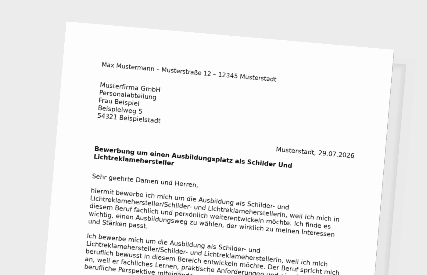 Bewerbung Ausbildung Schilder- und Lichtreklamehersteller/Schilder- und Lichtreklameherstellerin – Muster