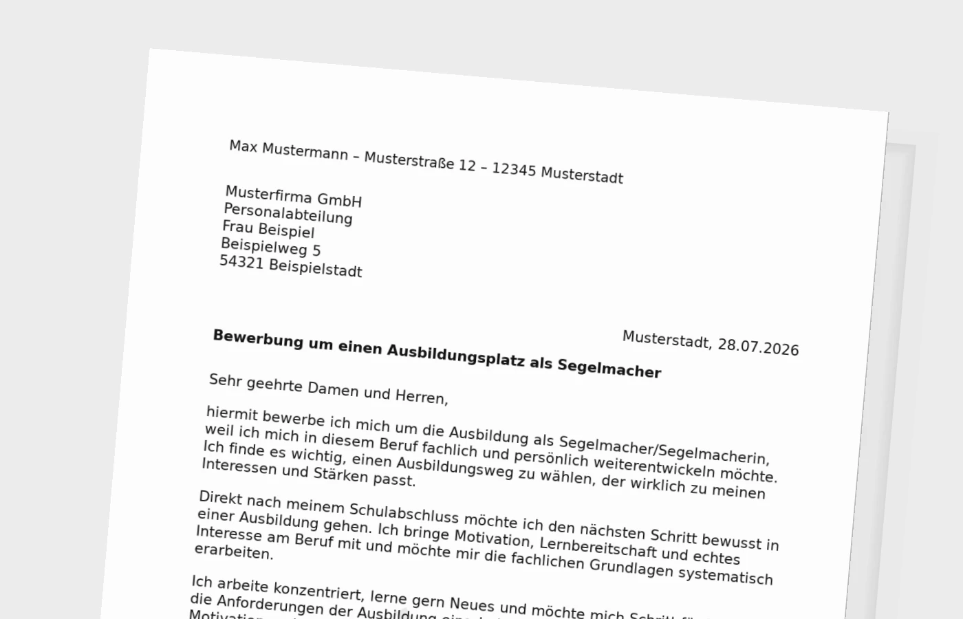 Bewerbung Ausbildung Segelmacher/Segelmacherin nach Schulabschluss – Muster