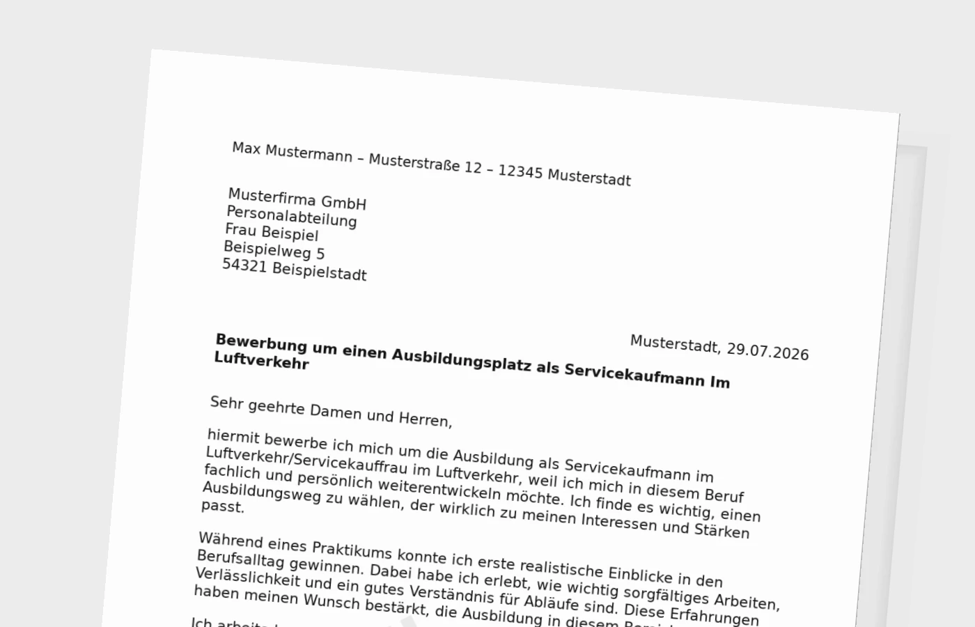 Bewerbung Ausbildung Servicekaufmann im Luftverkehr/Servicekauffrau im Luftverkehr (mit Praktikum) – Muster