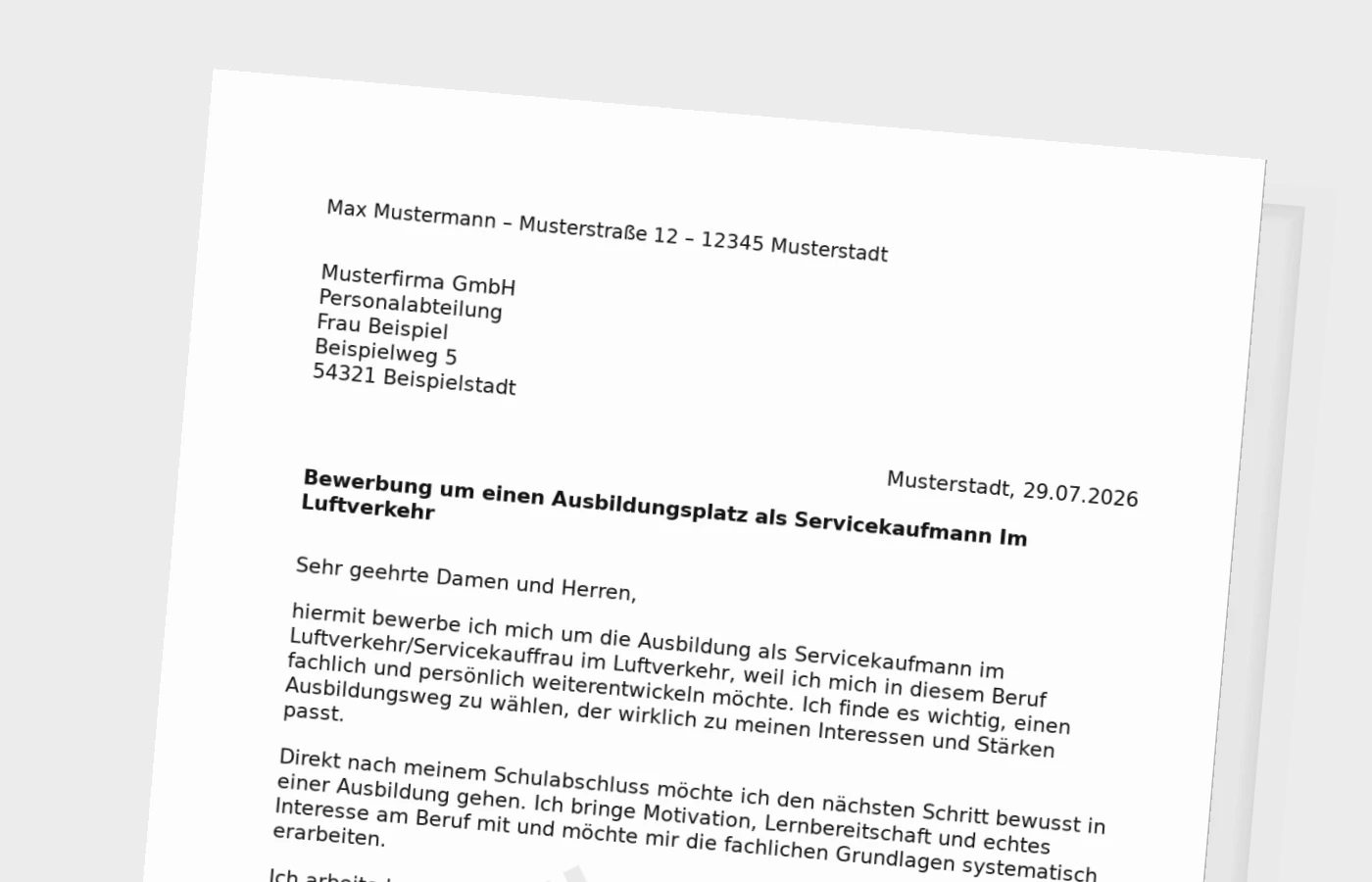 Bewerbung Ausbildung Servicekaufmann im Luftverkehr/Servicekauffrau im Luftverkehr nach Schulabschluss – Muster