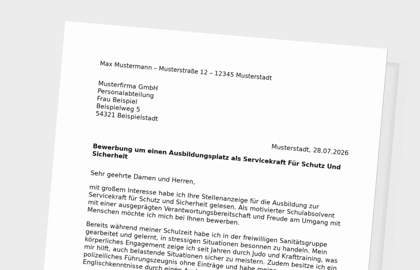 Bewerbung Ausbildung Servicekraft für Schutz und Sicherheit nach Schulabschluss – Muster