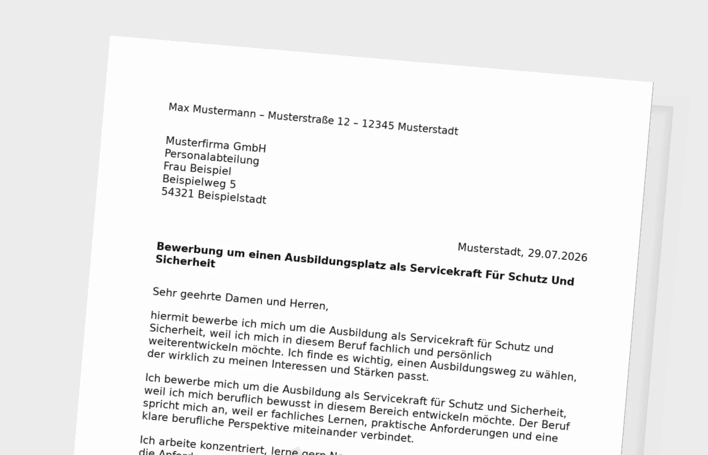 Bewerbung Ausbildung Servicekraft für Schutz und Sicherheit – Muster