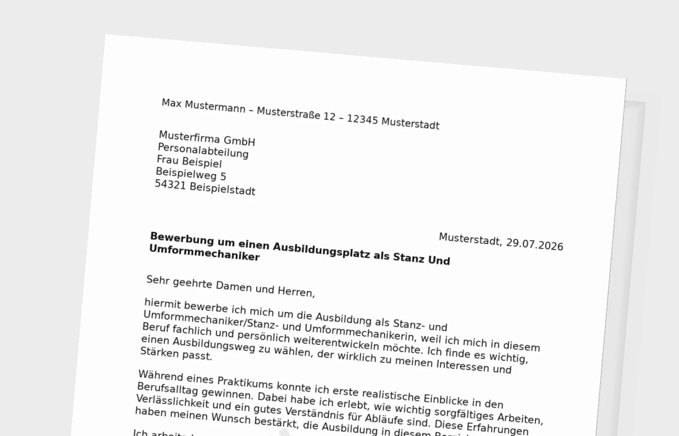 Bewerbung Ausbildung Stanz- und Umformmechaniker/Stanz- und Umformmechanikerin (mit Praktikum) – Muster