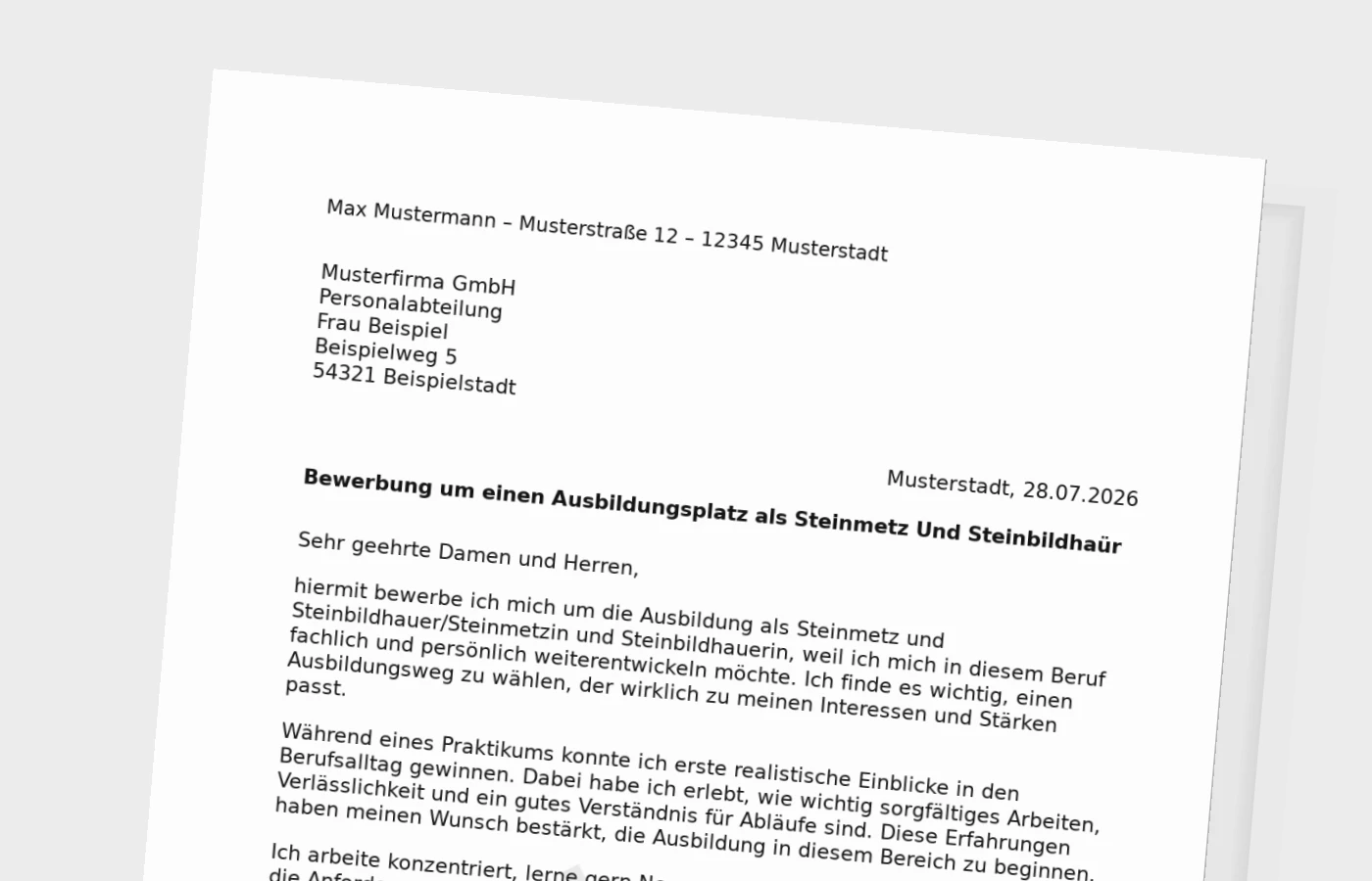 Bewerbung Ausbildung Steinmetz und Steinbildhauer/Steinmetzin und Steinbildhauerin (mit Praktikum) – Muster