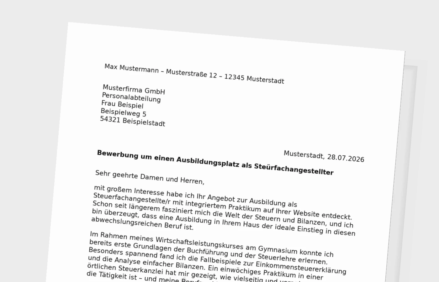 Bewerbung Ausbildung Steuerfachangestellter/Steuerfachangestellte (mit Praktikum) – Muster