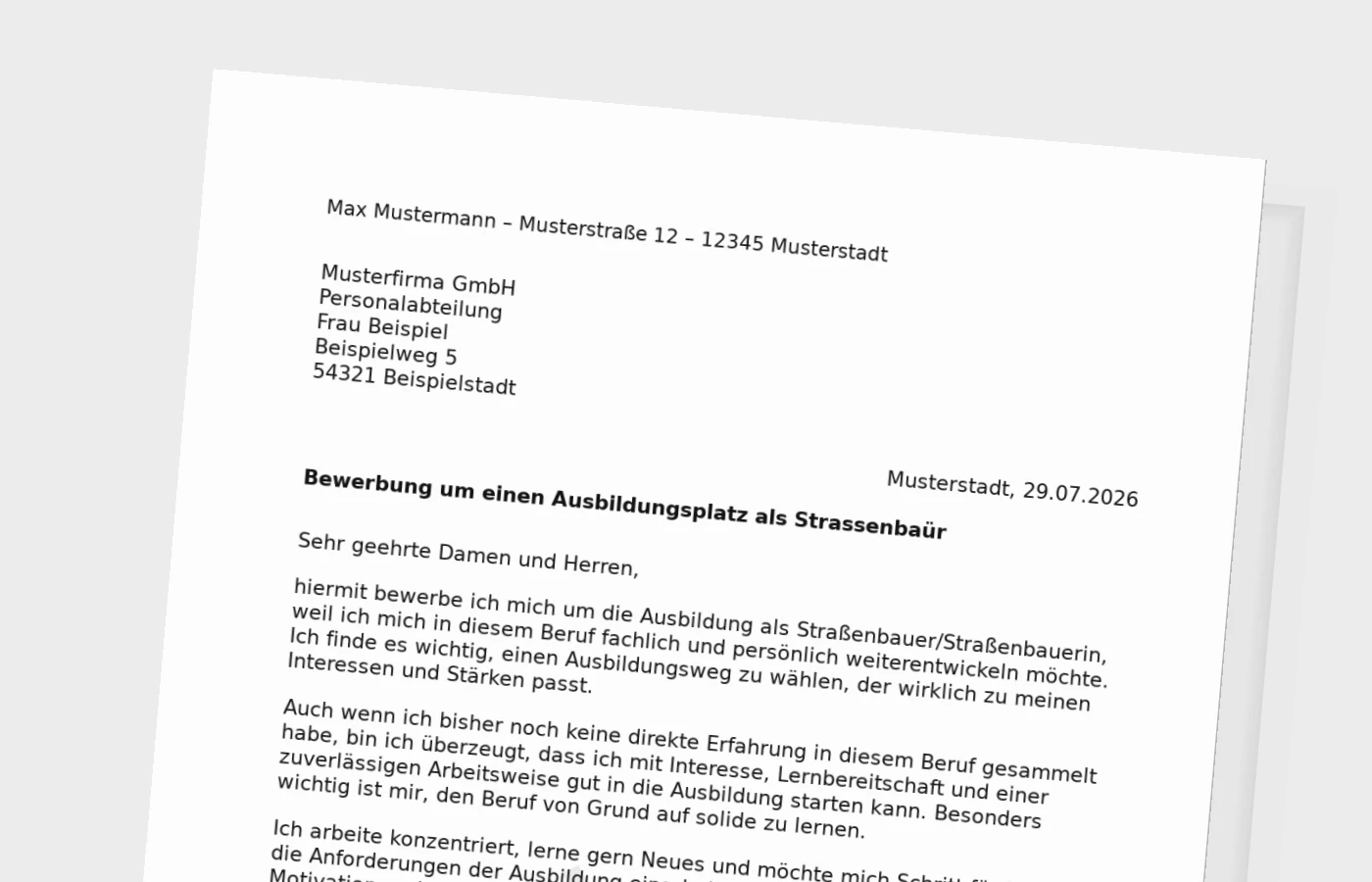 Bewerbung Ausbildung Straßenbauer/Straßenbauerin ohne Erfahrung – Muster