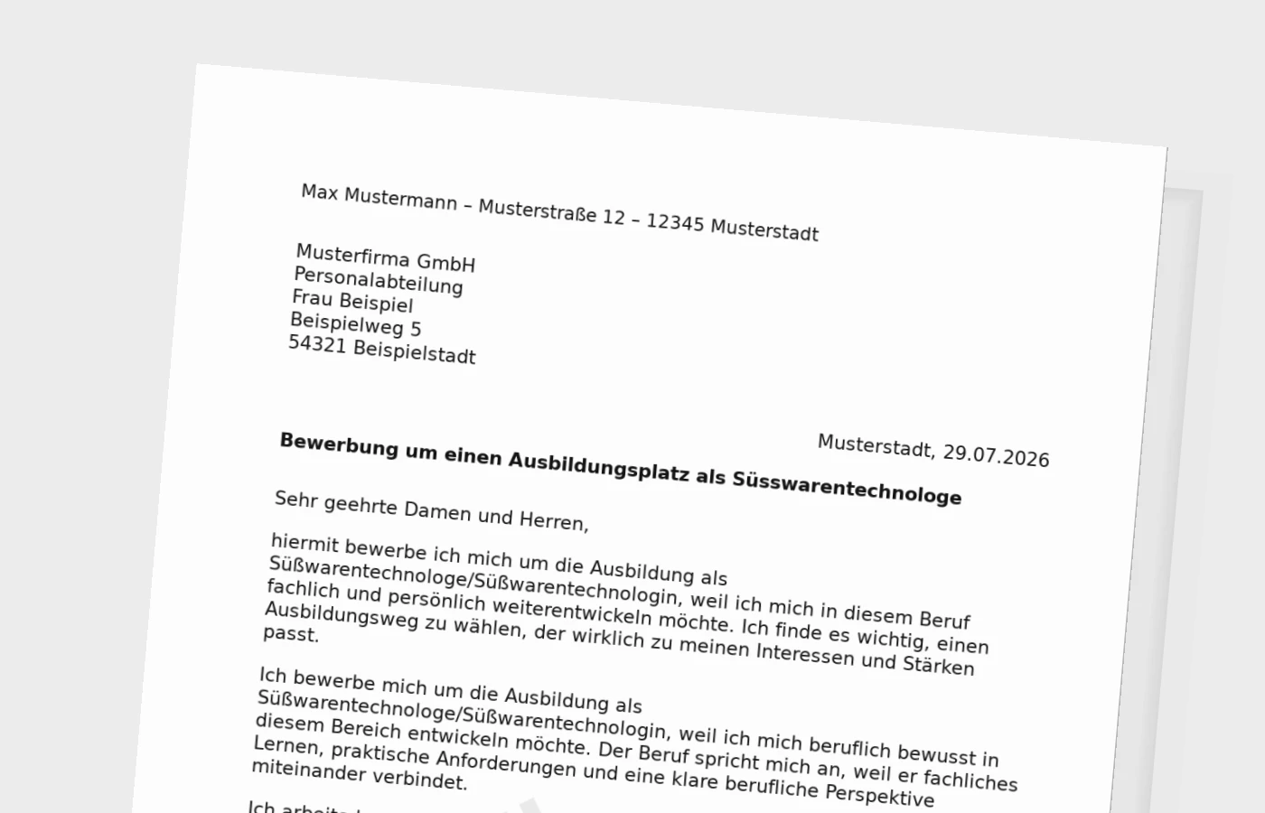 Bewerbung Ausbildung Süßwarentechnologe/Süßwarentechnologin – Muster