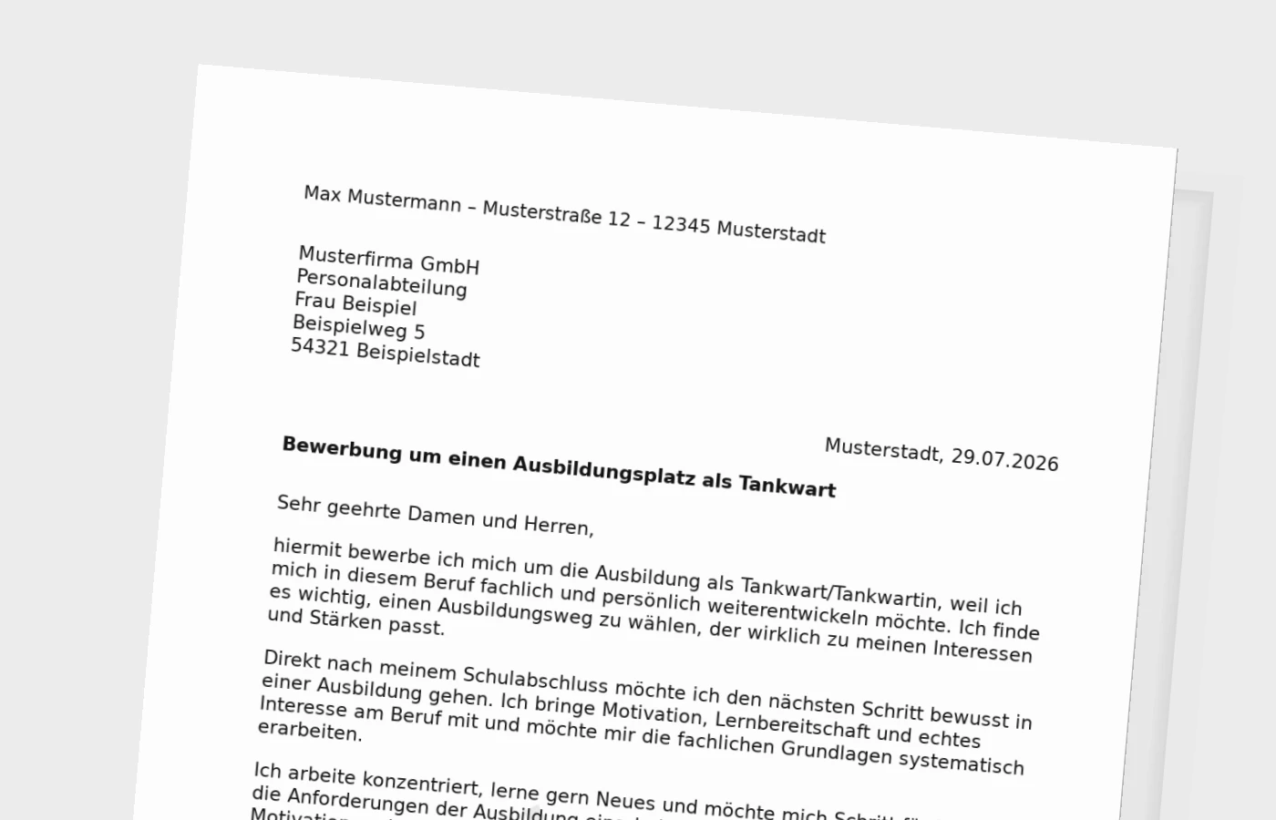 Bewerbung Ausbildung Tankwart/Tankwartin nach Schulabschluss – Muster