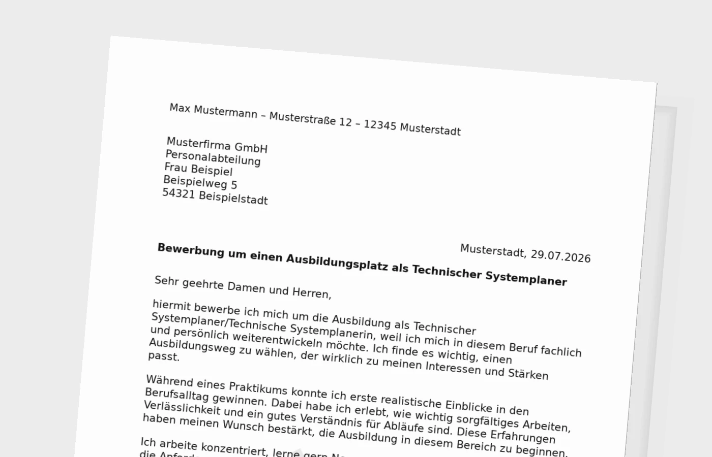 Bewerbung Ausbildung Technischer Systemplaner/Technische Systemplanerin (mit Praktikum) – Muster