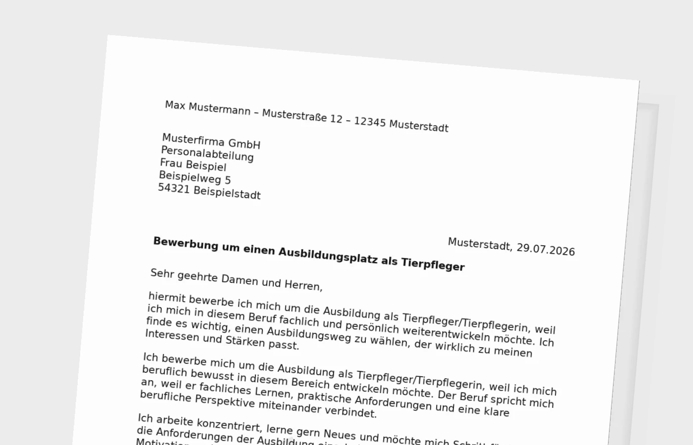Bewerbung Ausbildung Tierpfleger/Tierpflegerin – Muster