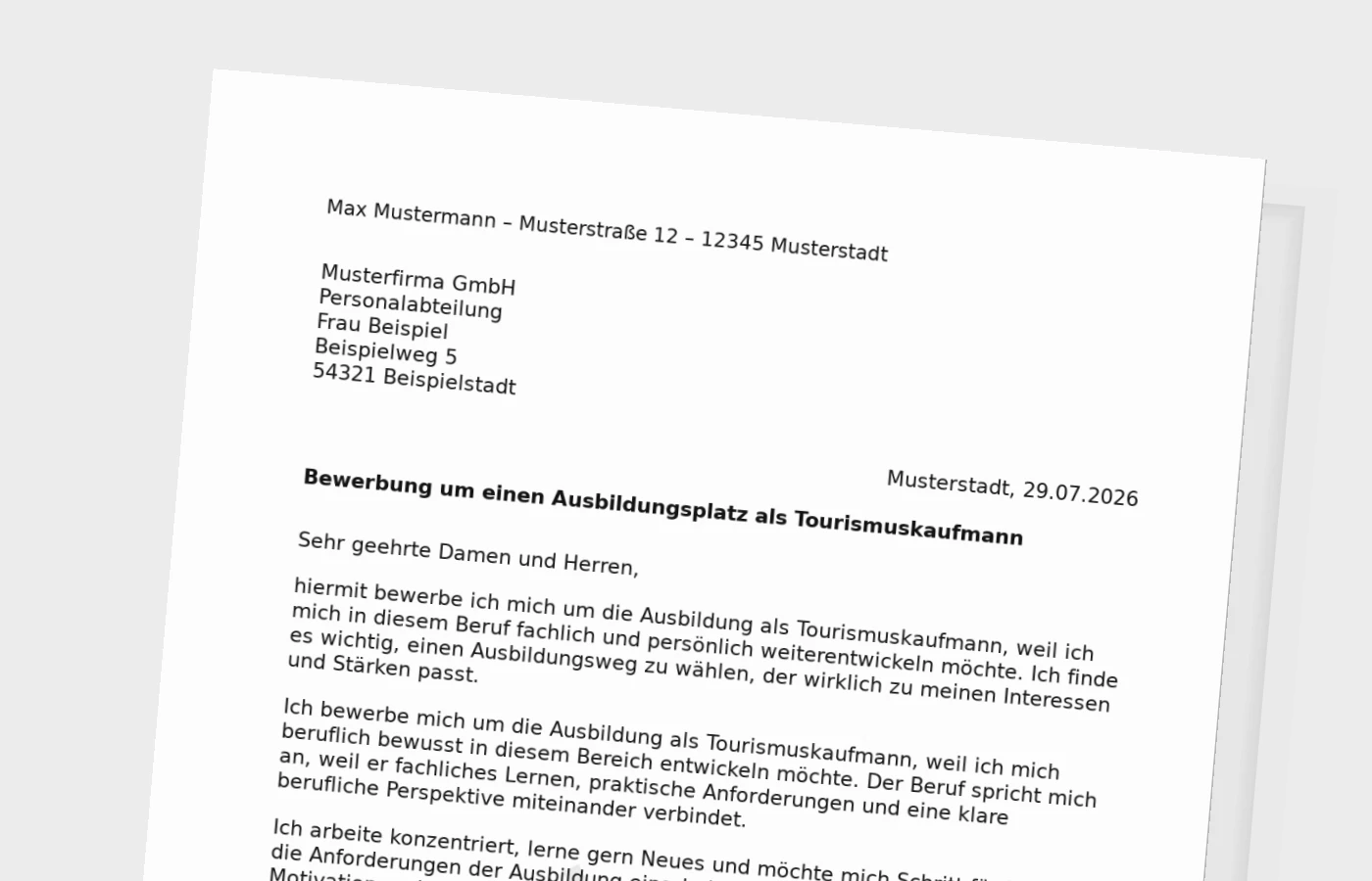 Bewerbung Ausbildung Tourismuskaufmann – Muster