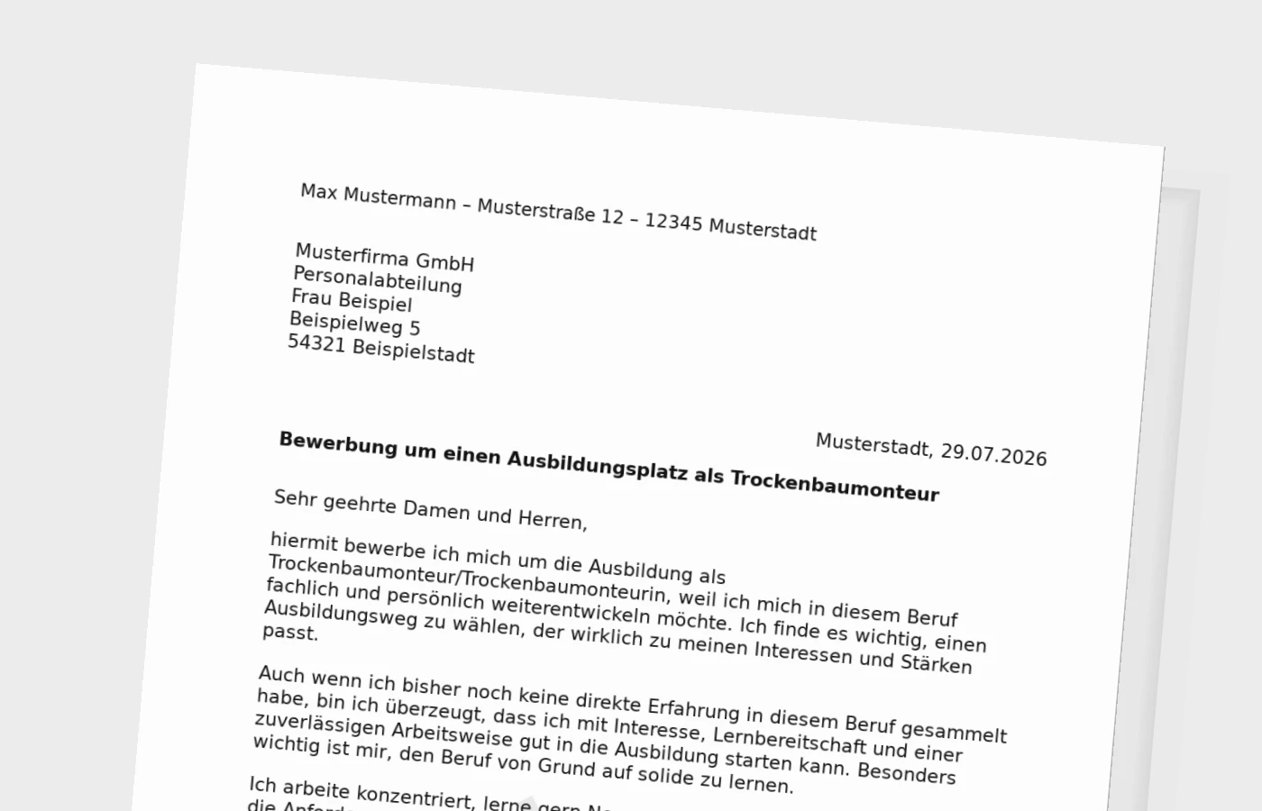 Bewerbung Ausbildung Trockenbaumonteur/Trockenbaumonteurin ohne Erfahrung – Muster