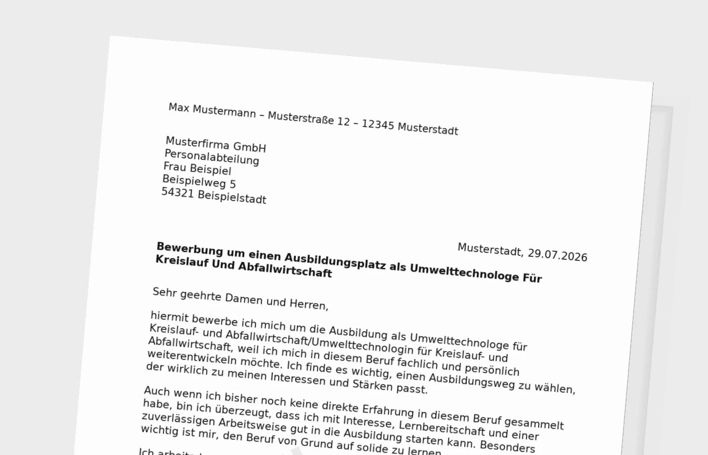 Bewerbung Ausbildung Umwelttechnologe für Kreislauf- und Abfallwirtschaft/Umwelttechnologin für Kreislauf- und Abfallwirtschaft ohne Erfahrung – Muster