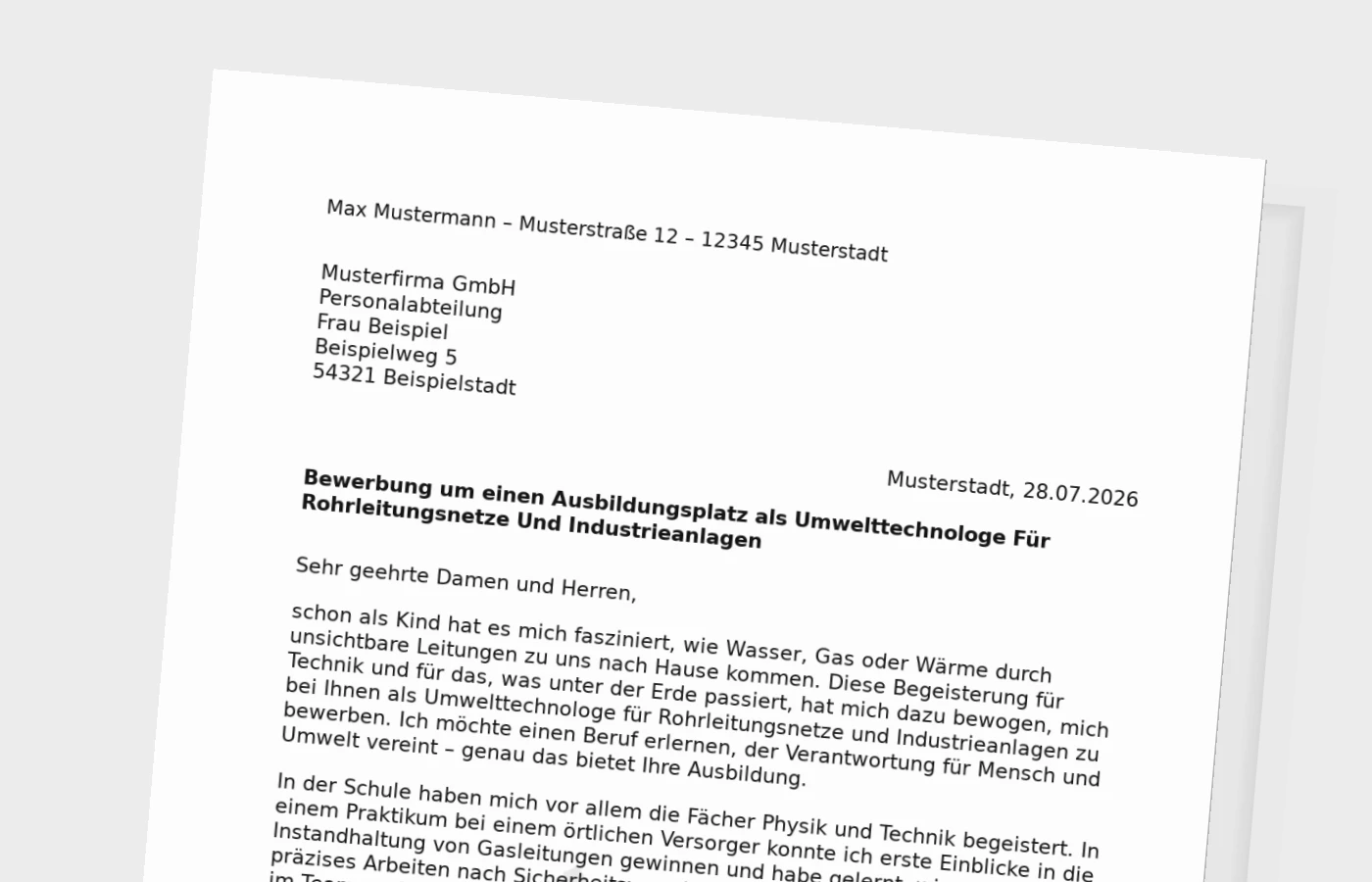 Bewerbung Ausbildung Umwelttechnologe für Rohrleitungsnetze und Industrieanlagen/Umwelttechnologin für Rohrleitungsnetze und Industrieanlagen nach Schulabschluss – Muster