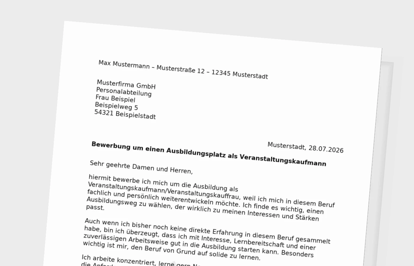 Bewerbung Ausbildung Veranstaltungskaufmann/Veranstaltungskauffrau ohne Erfahrung – Muster