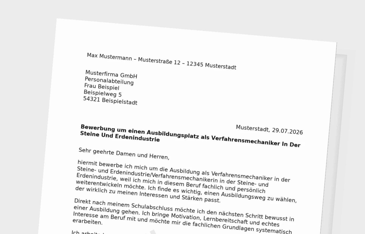 Bewerbung Ausbildung Verfahrensmechaniker in der Steine- und Erdenindustrie/Verfahrensmechanikerin in der Steine- und Erdenindustrie nach Schulabschluss – Muster