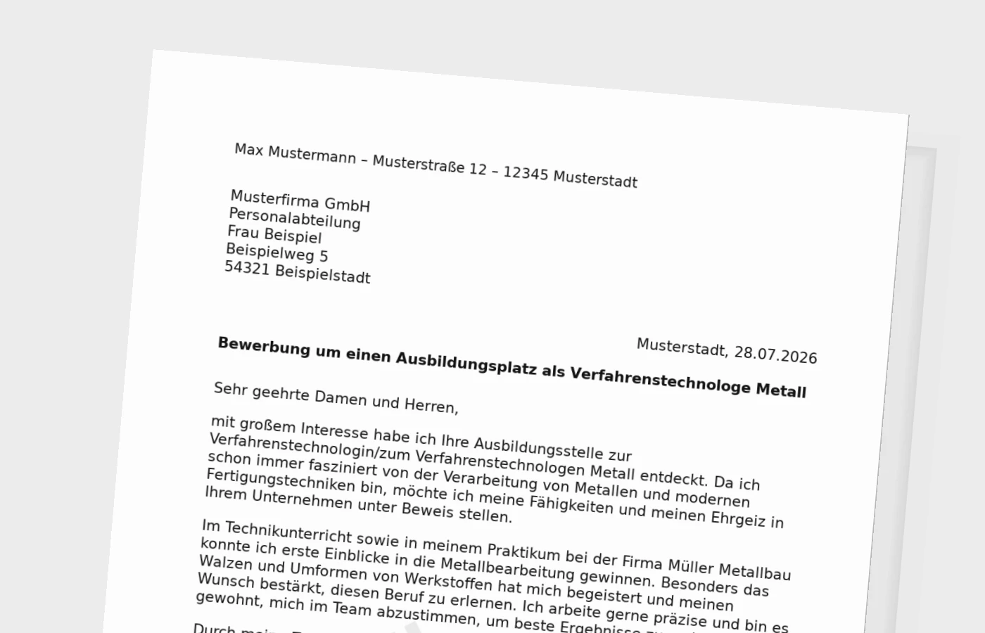 Bewerbung Ausbildung Verfahrenstechnologe Metall/Verfahrenstechnologin Metall nach Schulabschluss – Muster