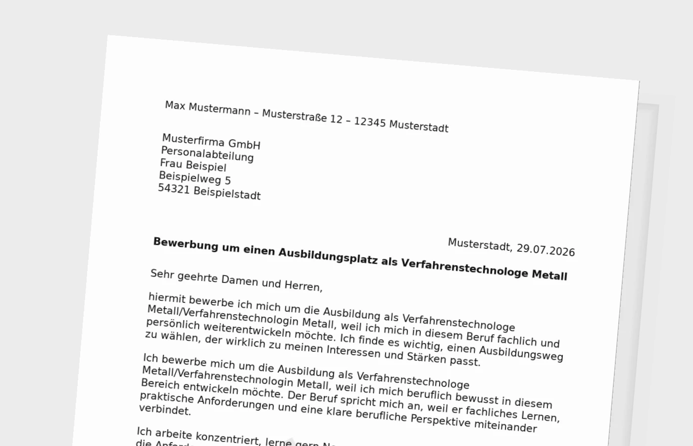 Bewerbung Ausbildung Verfahrenstechnologe Metall/Verfahrenstechnologin Metall – Muster