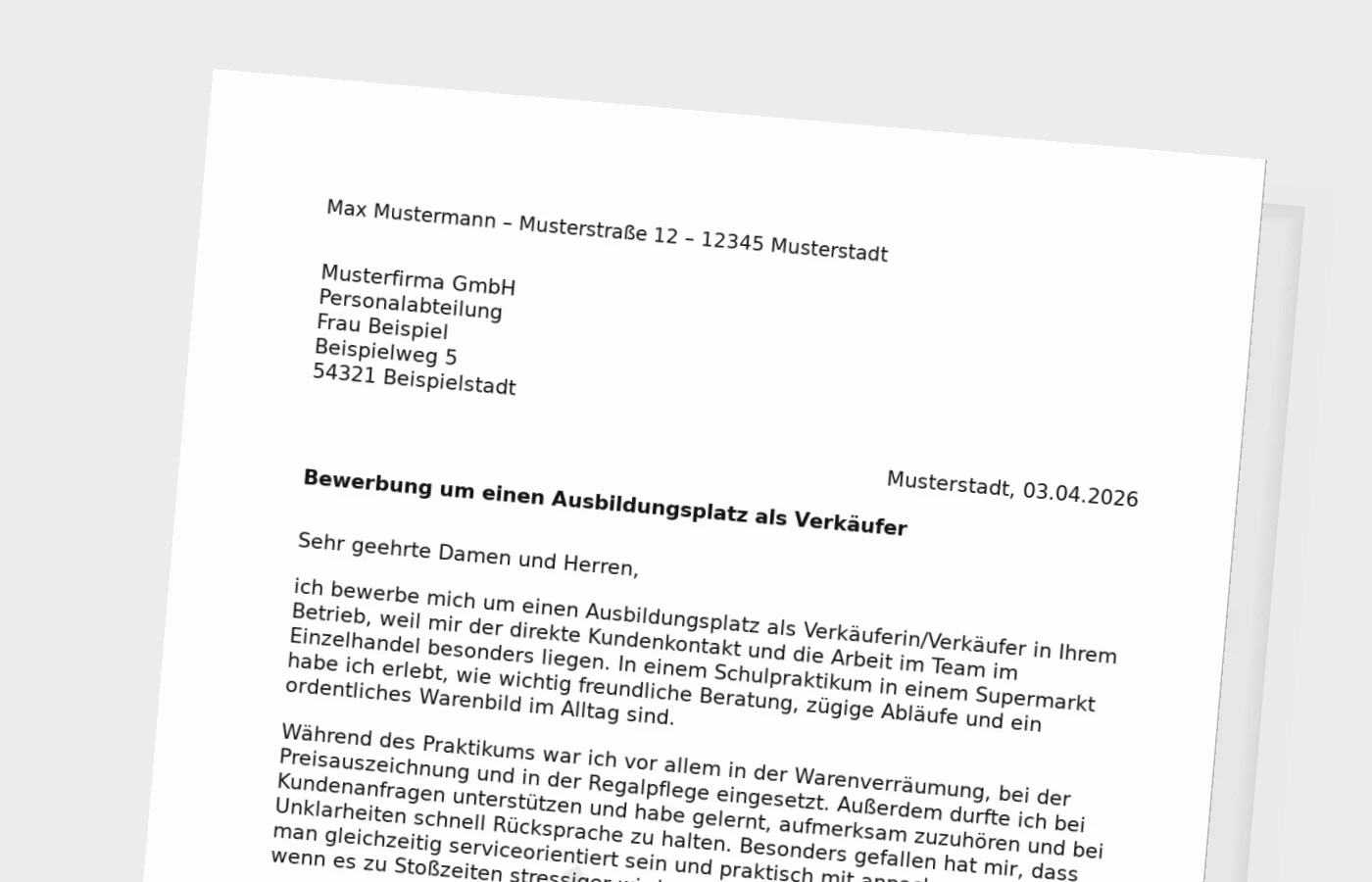 Vorschaubild zu Bewerbung für die Ausbildung als Verkäufer/in (mit Praktikum)