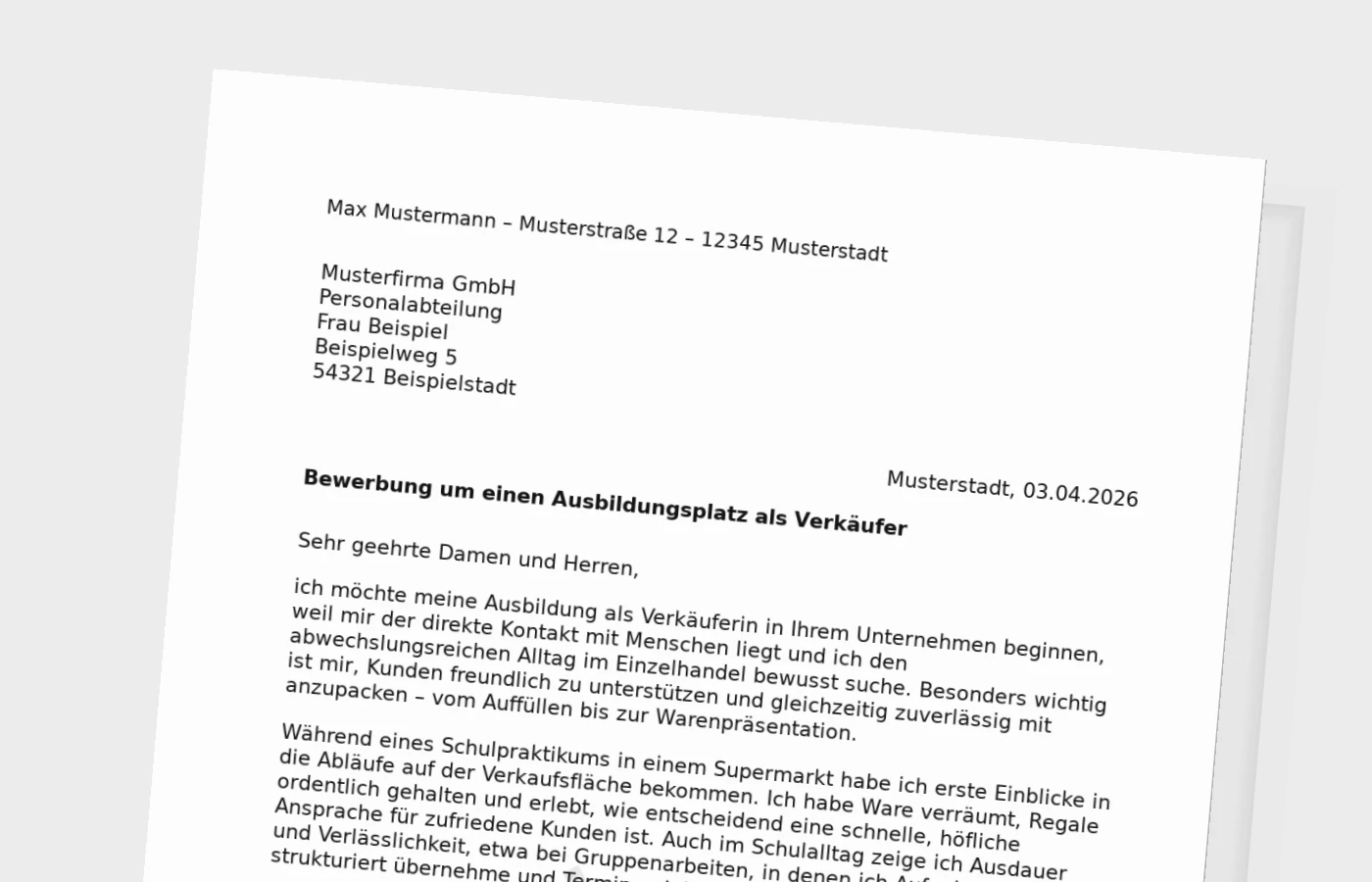 Bewerbung um eine Ausbildung als Verkäufer/in