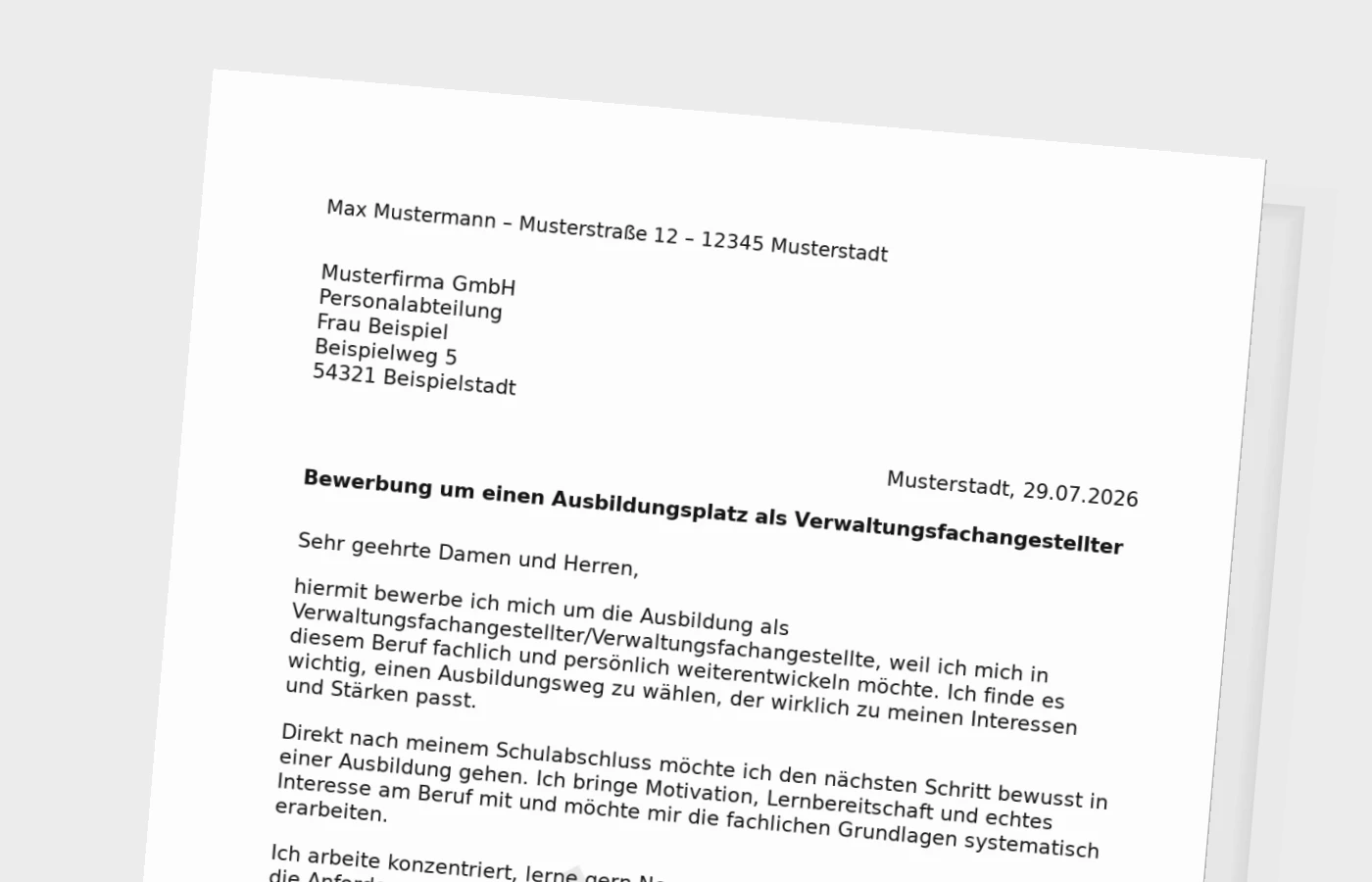 Bewerbung Ausbildung Verwaltungsfachangestellter/Verwaltungsfachangestellte nach Schulabschluss – Muster