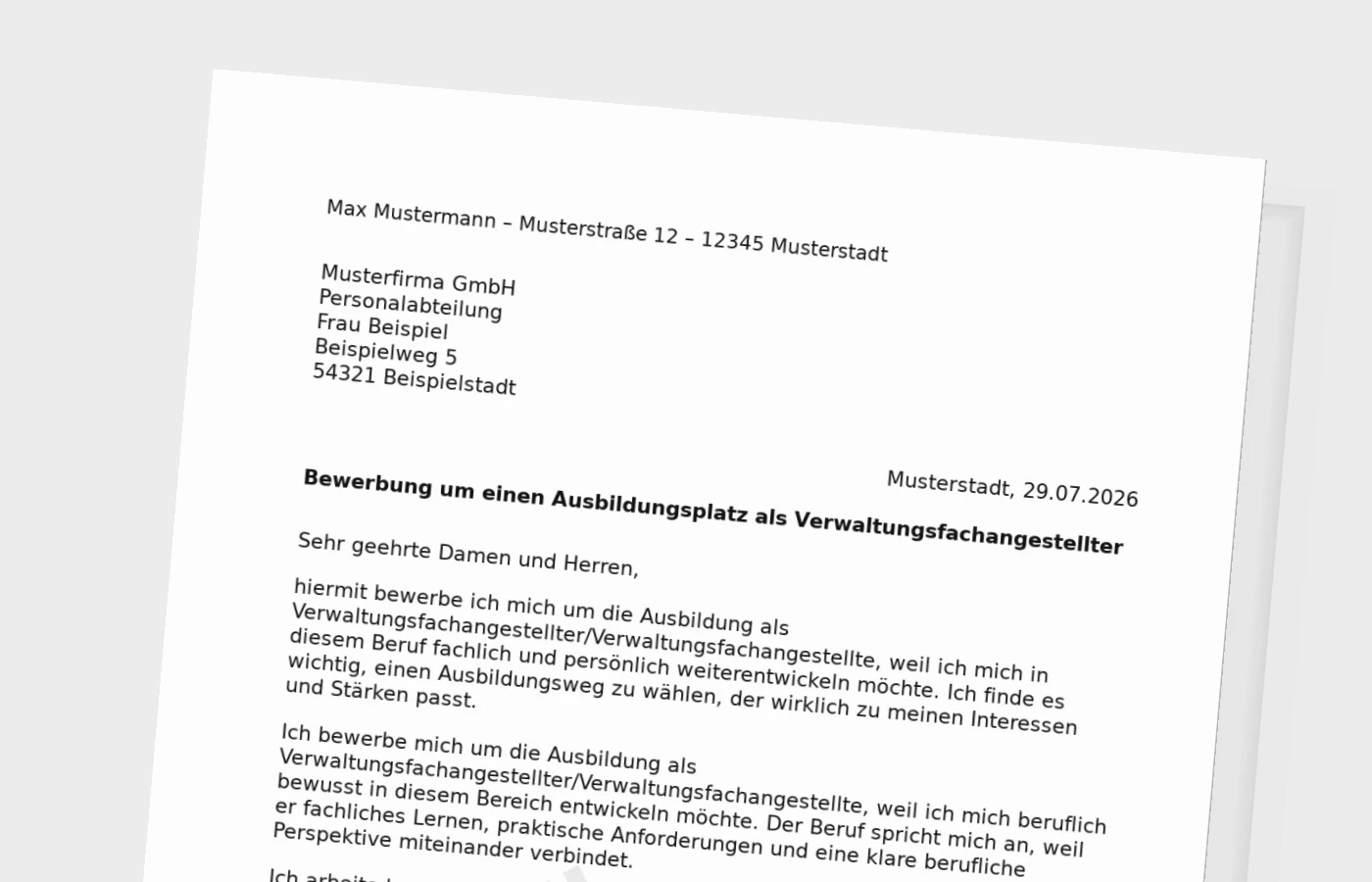 Bewerbung Ausbildung Verwaltungsfachangestellter/Verwaltungsfachangestellte – Muster