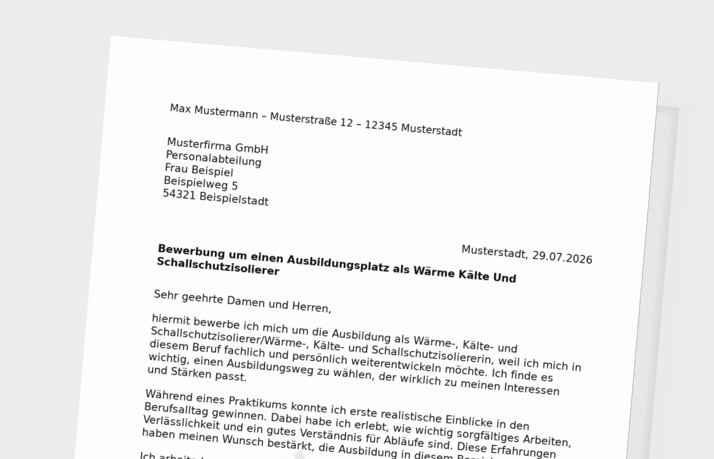 Bewerbung Ausbildung Wärme-, Kälte- und Schallschutzisolierer/Wärme-, Kälte- und Schallschutzisoliererin (mit Praktikum) – Muster