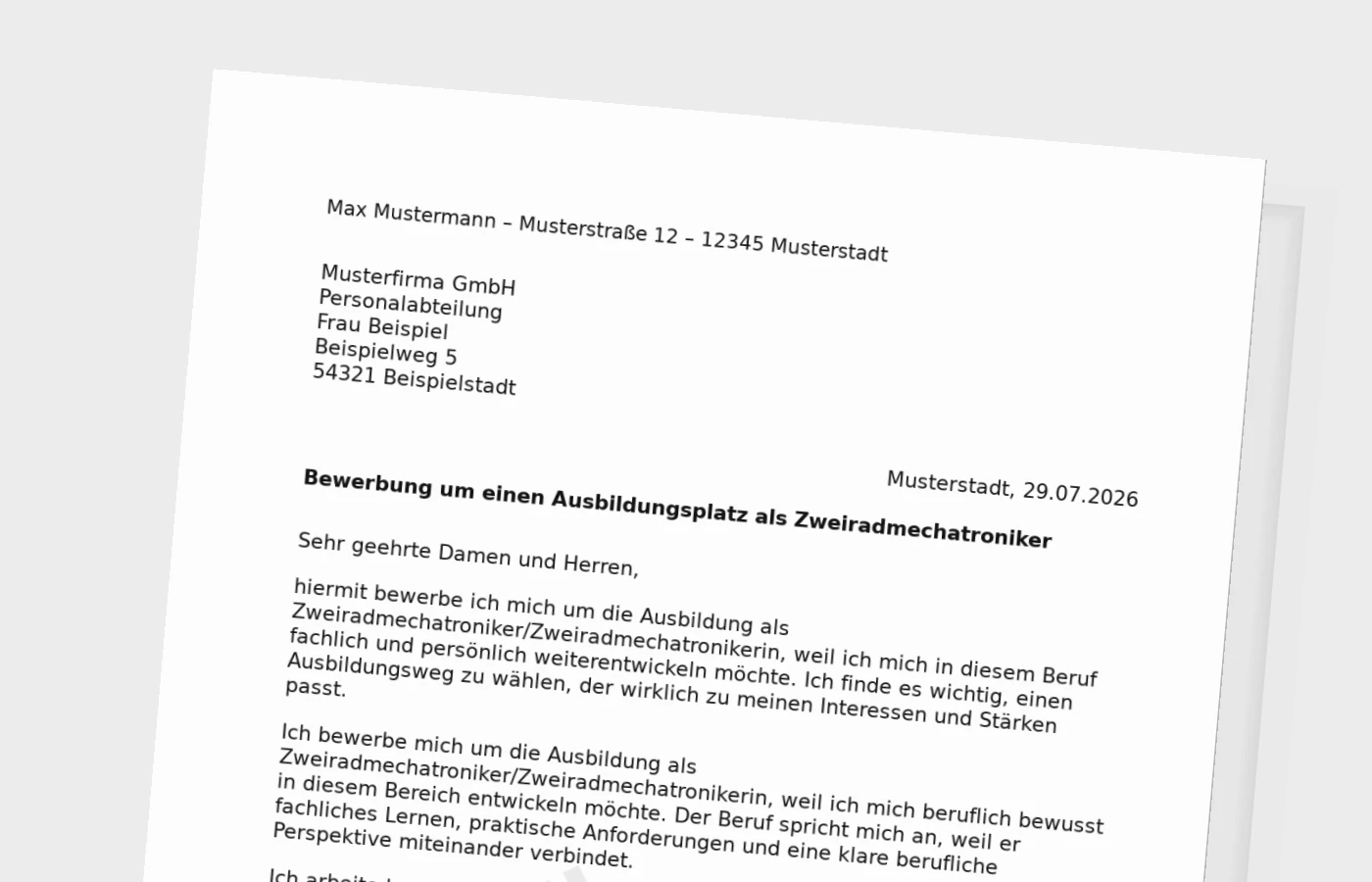 Bewerbung Ausbildung Zweiradmechatroniker/Zweiradmechatronikerin – Muster