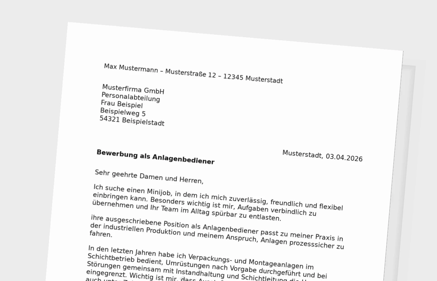 Vorschaubild zu Bewerbungsanschreiben Anlagenbediener für Minijob