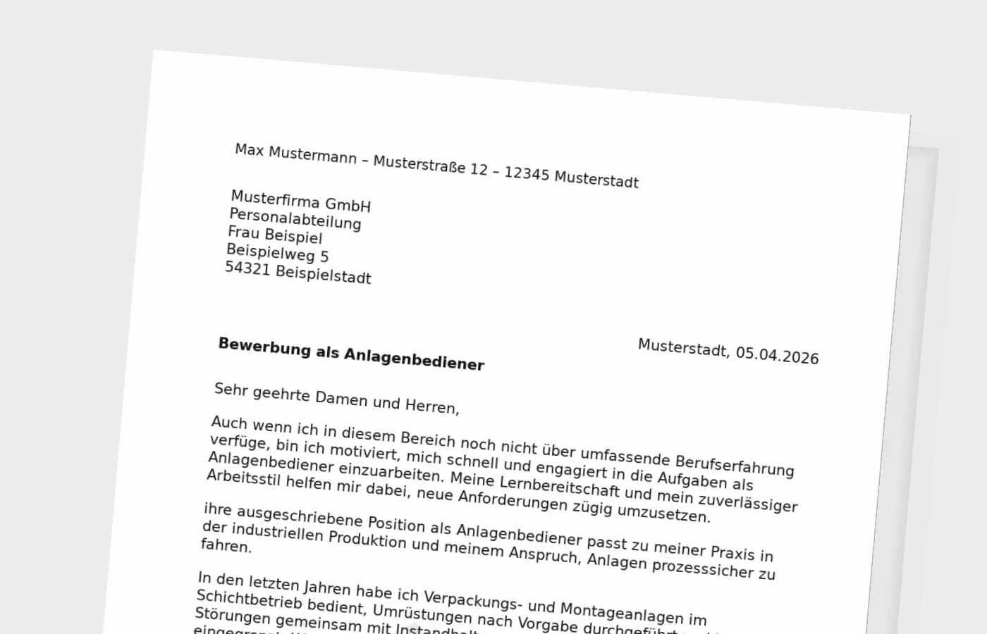 Bewerbungsanschreiben Anlagenbediener ohne Erfahrung