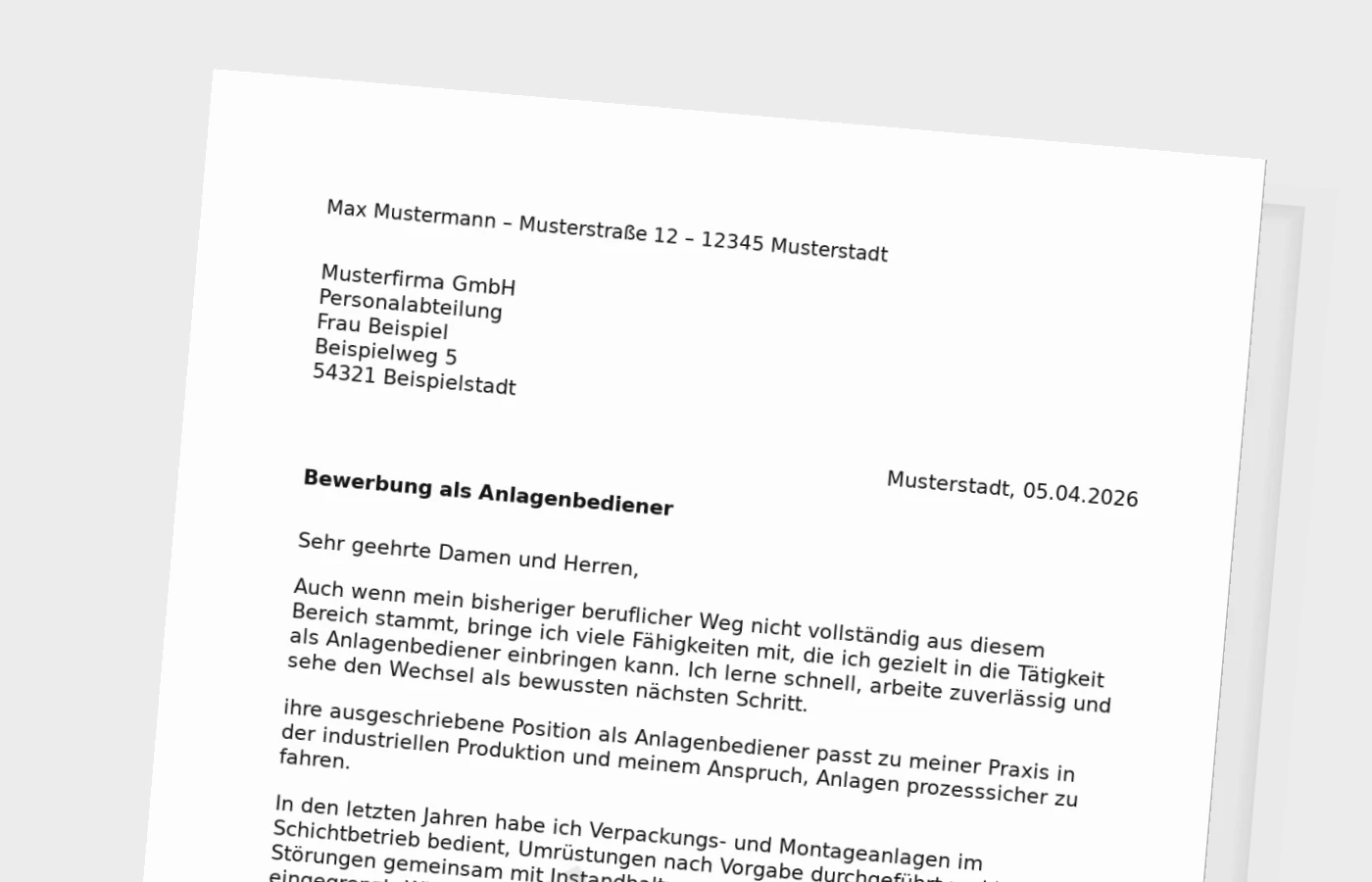 Bewerbungsanschreiben Anlagenbediener für Quereinsteiger