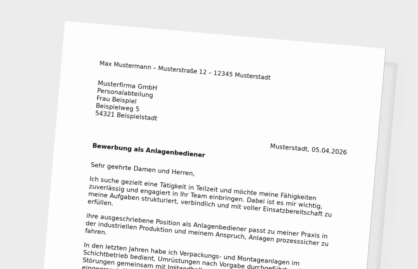 Bewerbungsanschreiben Anlagenbediener in Teilzeit