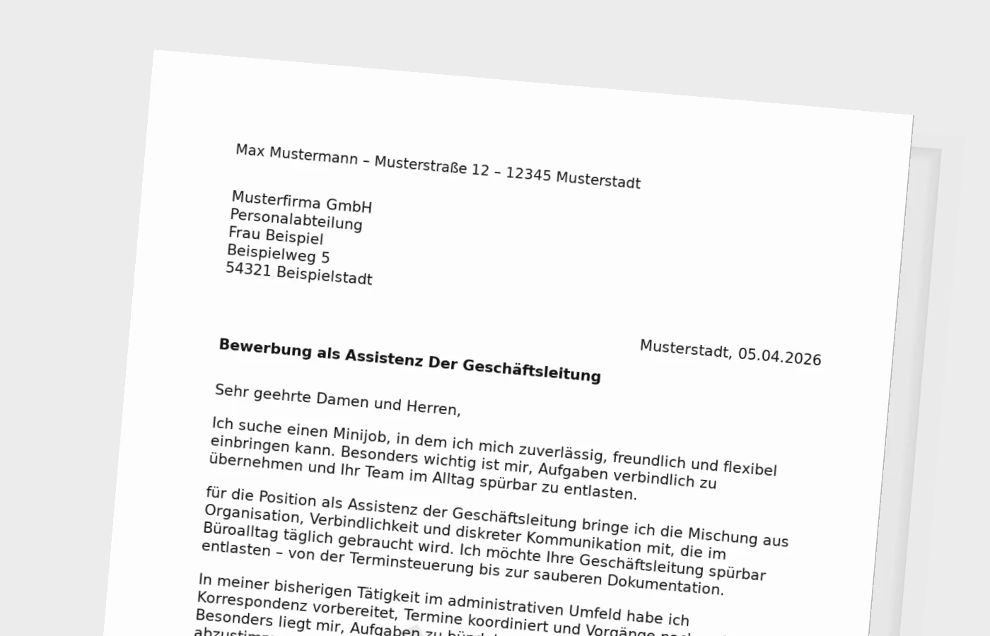 Bewerbungsanschreiben Assistenz der Geschäftsleitung für Minijob