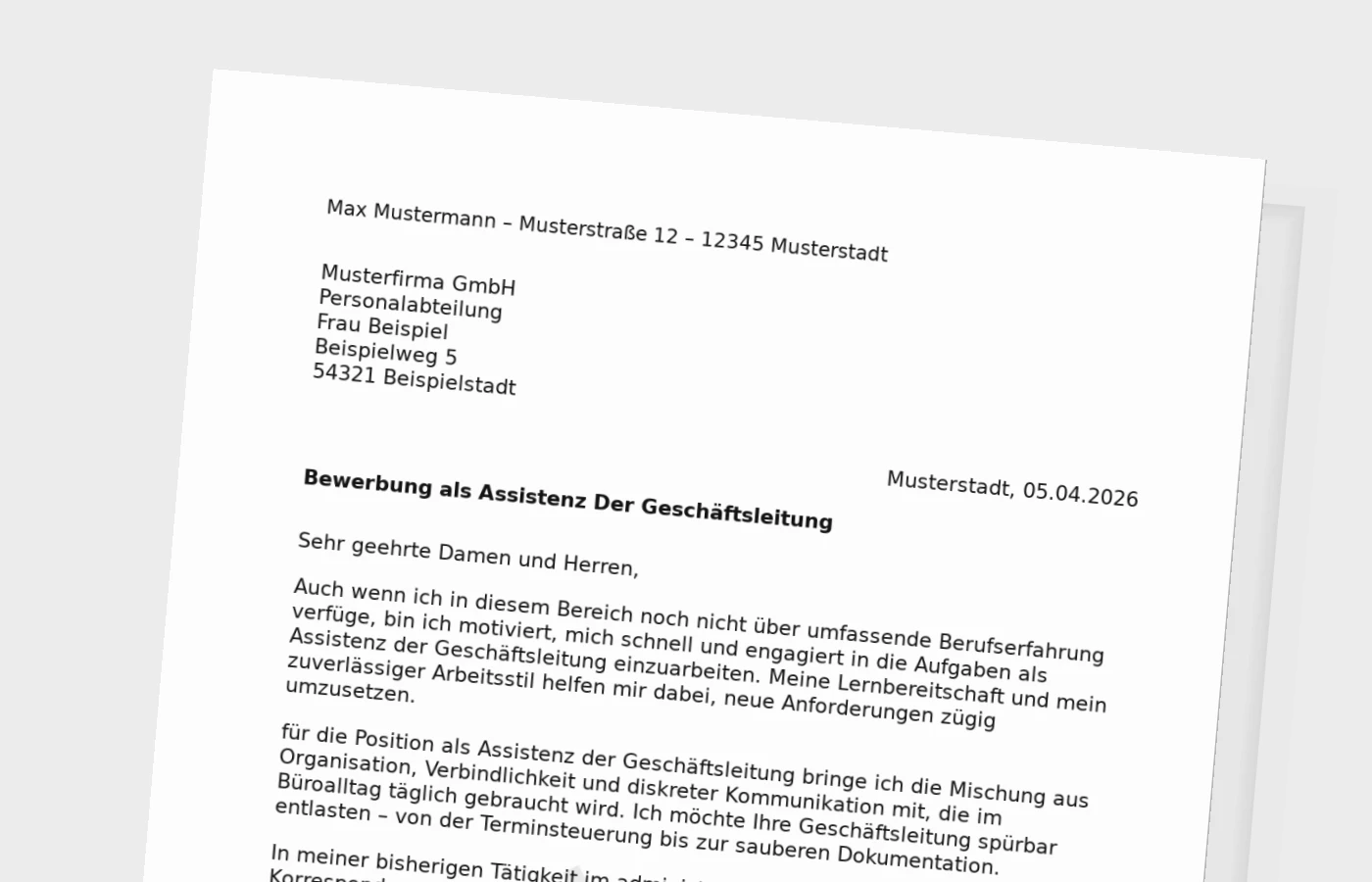 Bewerbungsanschreiben Assistenz der Geschäftsleitung ohne Erfahrung