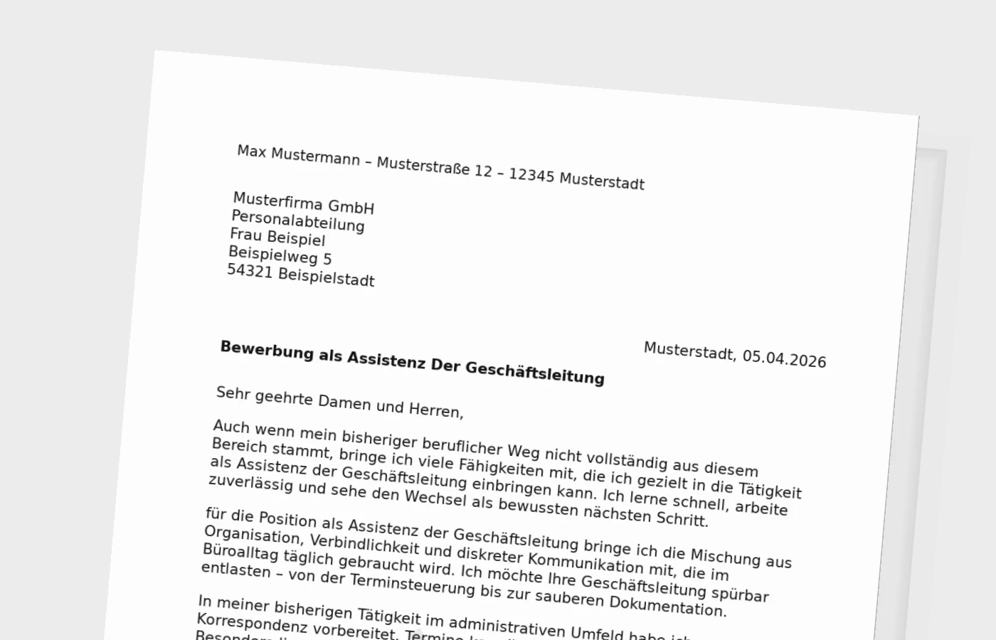 Bewerbungsanschreiben Assistenz der Geschäftsleitung für Quereinsteiger